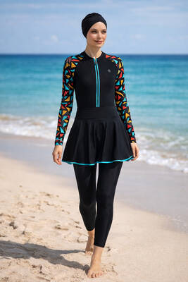 Haliç Mayo - Black Patterned Long Sleeve Skirted Modest Swimsuit Set 6440