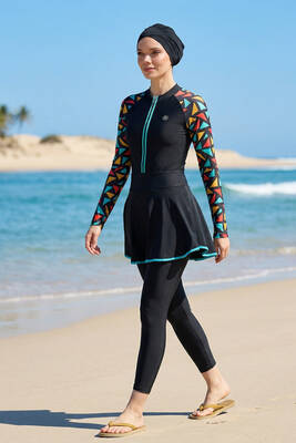 Haliç Mayo - Black Patterned Long Sleeve Skirted Modest Swimsuit Set 6440 (1)