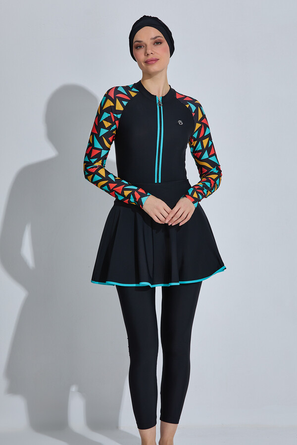 Black Patterned Long Sleeve Skirted Modest Swimsuit Set 6440 - Thumbnail