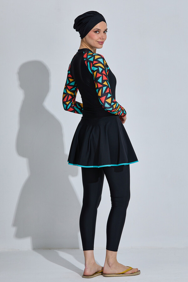 Black Patterned Long Sleeve Skirted Modest Swimsuit Set 6440 - Thumbnail