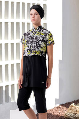 Adasea - Black Patterned Lycra Long Sleeve Modest Swimsuit Set for Girls