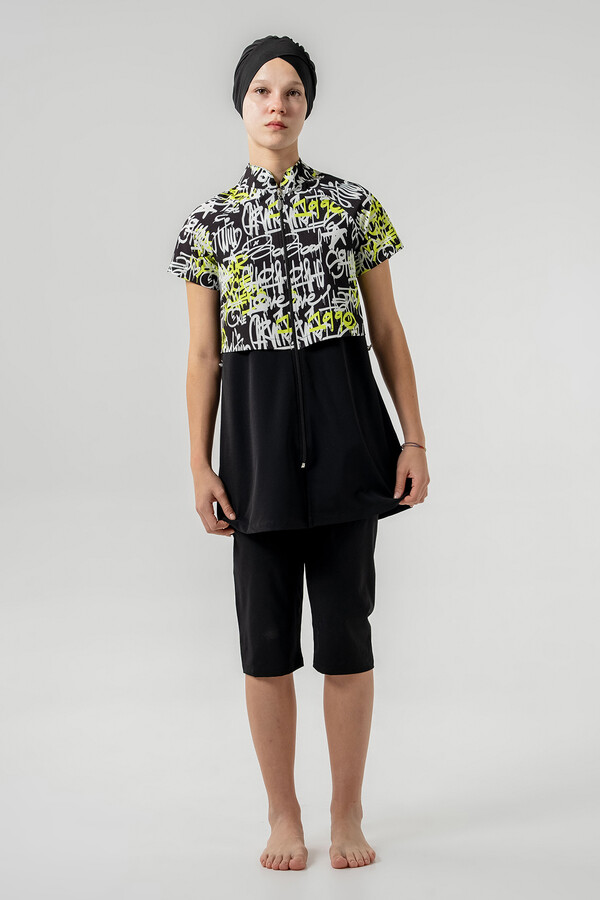 Black Patterned Lycra Long Sleeve Modest Swimsuit Set for Girls - Thumbnail