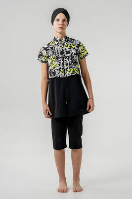 Adasea - Black Patterned Lycra Long Sleeve Modest Swimsuit Set for Girls (1)