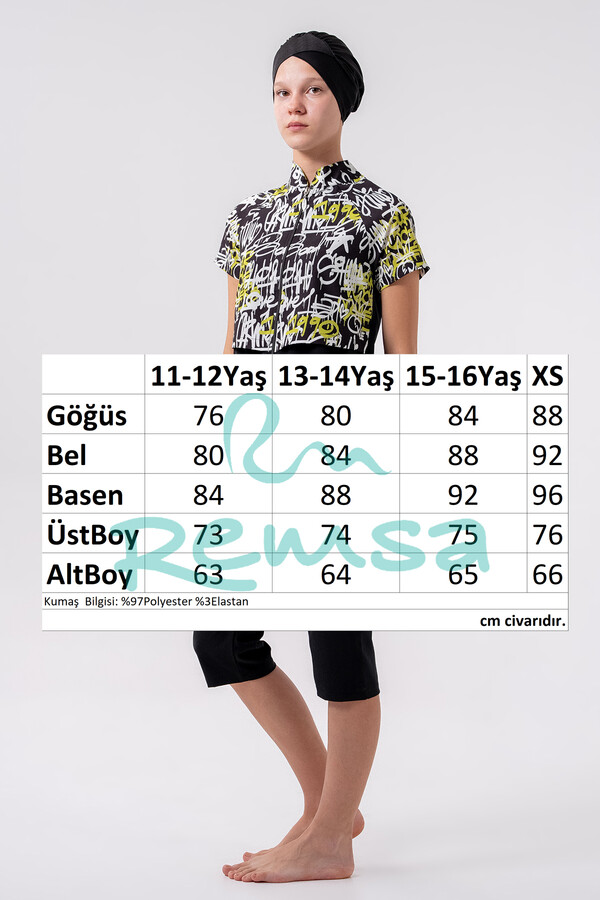 Black Patterned Lycra Long Sleeve Modest Swimsuit Set for Girls - Thumbnail