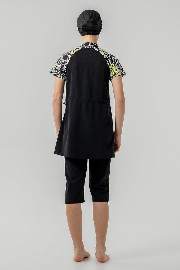 Black Patterned Lycra Long Sleeve Modest Swimsuit Set for Girls - Thumbnail