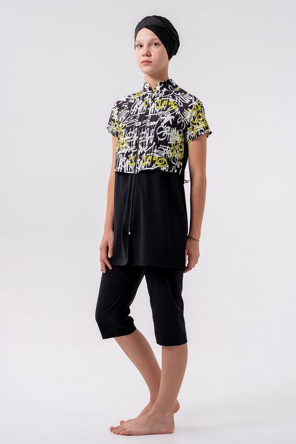 Black Patterned Lycra Long Sleeve Modest Swimsuit Set for Girls - Thumbnail