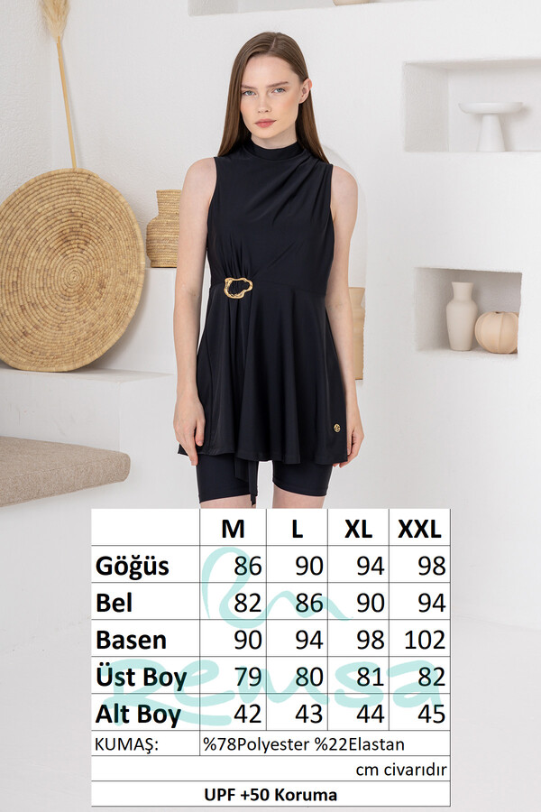 Black Semi-Covered Swimsuit with UV Protection and Stretch Detail 1627 - Thumbnail