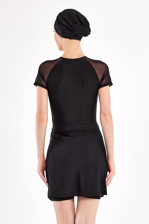 Black Short Sleeve 3-in-1 Lycra Half-Covered Swimsuit Set 1611 - Thumbnail