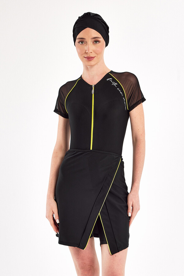 Black Short Sleeve 3-in-1 Lycra Half-Covered Swimsuit Set 1611 - Thumbnail