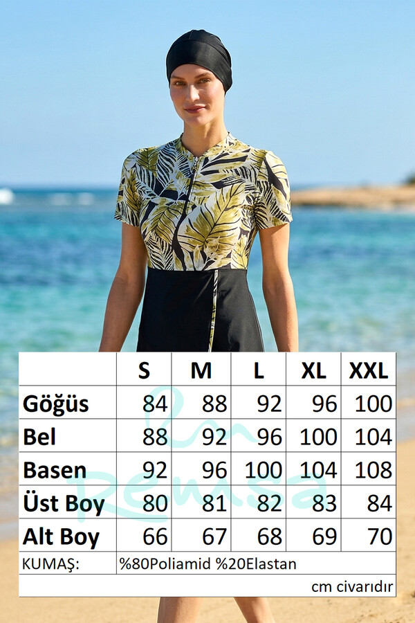 Black Short Sleeve Lycra Half-Covered Swimsuit Set 6550 - Thumbnail