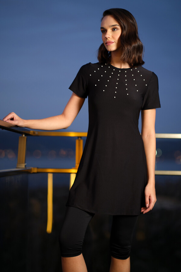 Black Short Sleeve Tights Lycra Half-Covered Swimsuit with Bead Detail 24198 - Thumbnail