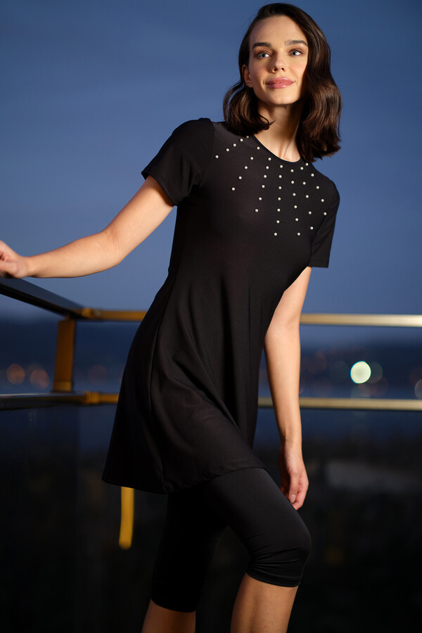 Black Short Sleeve Tights Lycra Half-Covered Swimsuit with Bead Detail 24198 - Thumbnail