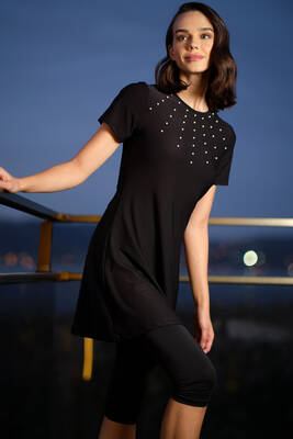 Haliç Mayo - Black Short Sleeve Tights Lycra Half-Covered Swimsuit with Bead Detail 24198 (1)