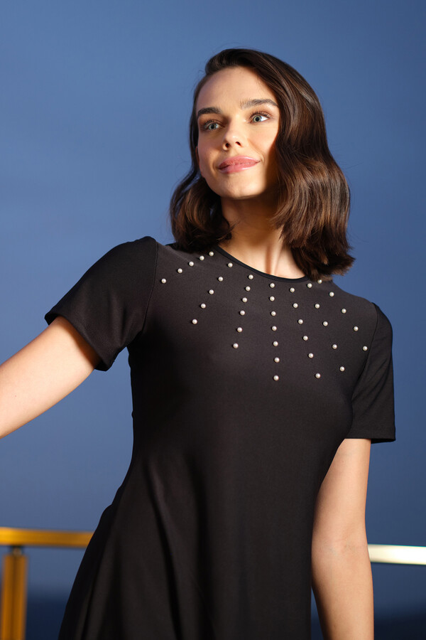 Black Short Sleeve Tights Lycra Half-Covered Swimsuit with Bead Detail 24198 - Thumbnail