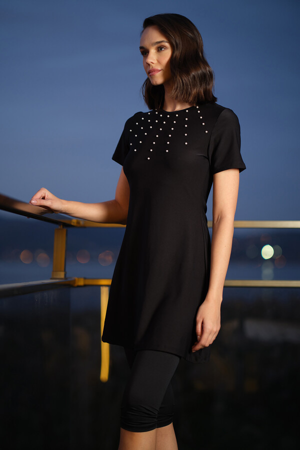 Black Short Sleeve Tights Lycra Half-Covered Swimsuit with Bead Detail 24198 - Thumbnail