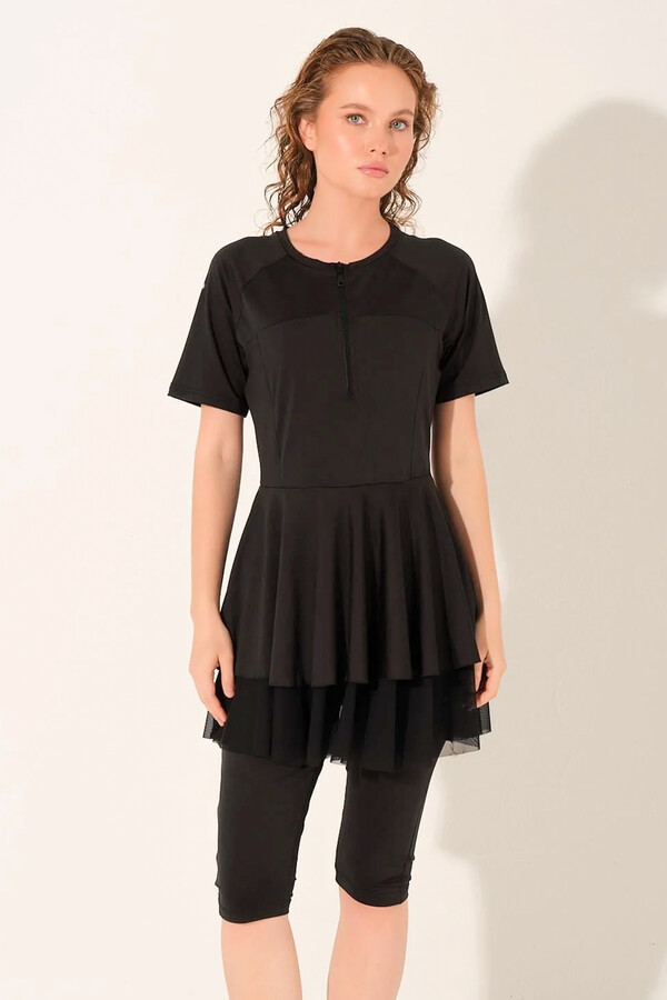 Black Short-Sleeve Tunic Modest Swimsuit with Tulle Detail - Thumbnail