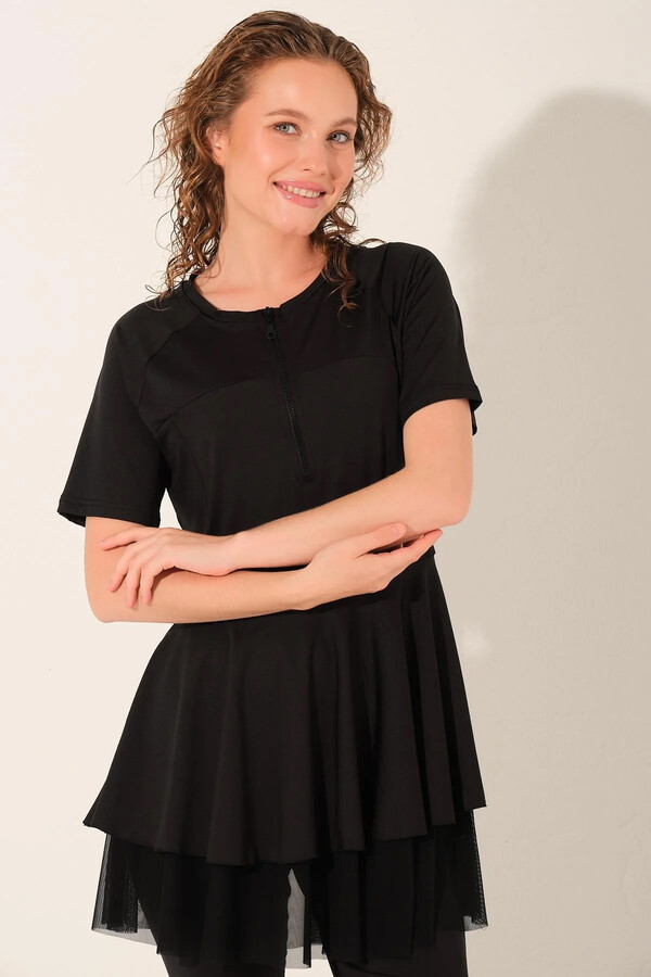 Black Short-Sleeve Tunic Modest Swimsuit with Tulle Detail - Thumbnail