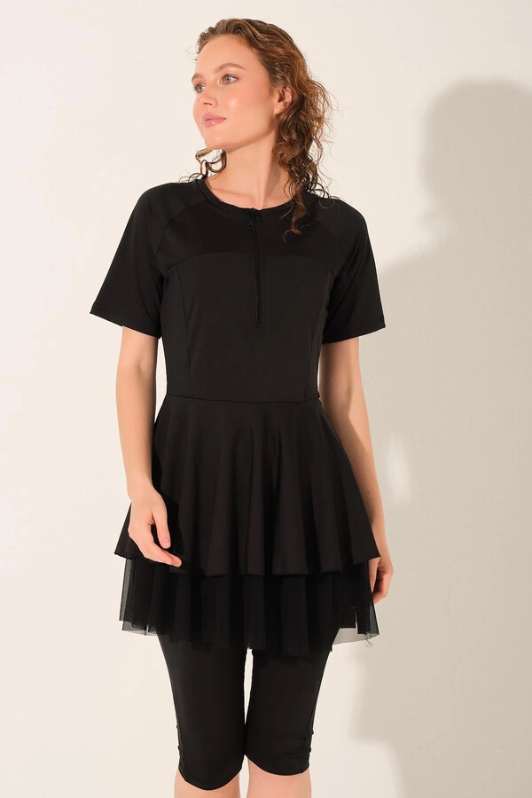 Black Short-Sleeve Tunic Modest Swimsuit with Tulle Detail - Thumbnail