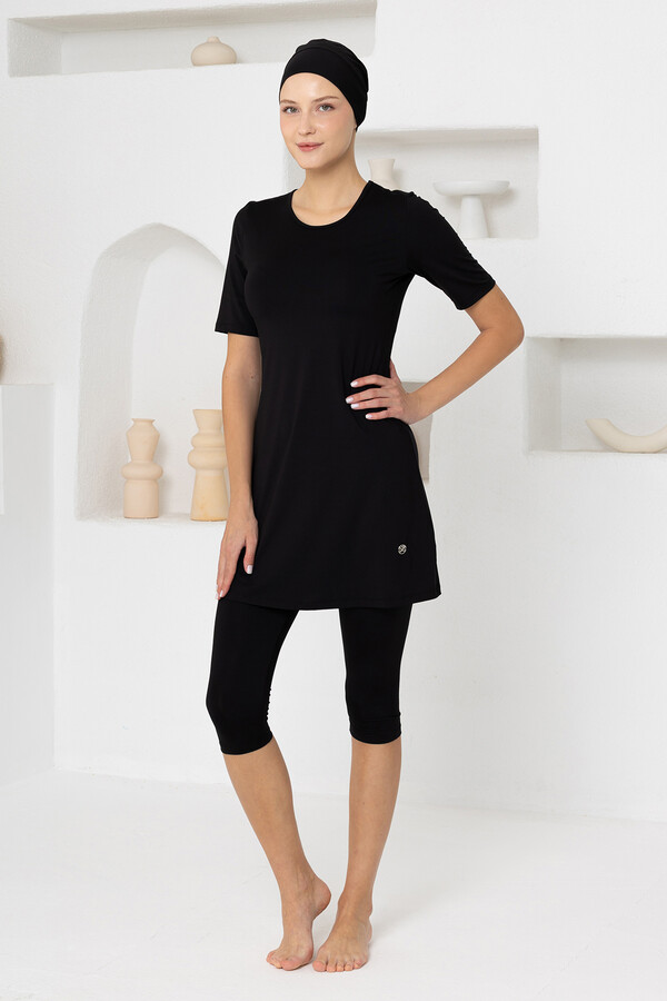 Black Short-Sleeve Tunic Swimsuit with Leggings - Thumbnail