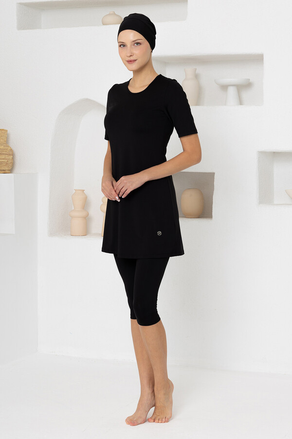Black Short-Sleeve Tunic Swimsuit with Leggings - Thumbnail