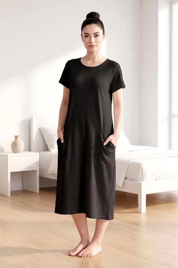 Black Short Sleeve Pocket Detail Viscose Dress Pajama 25234-2 - Thumbnail