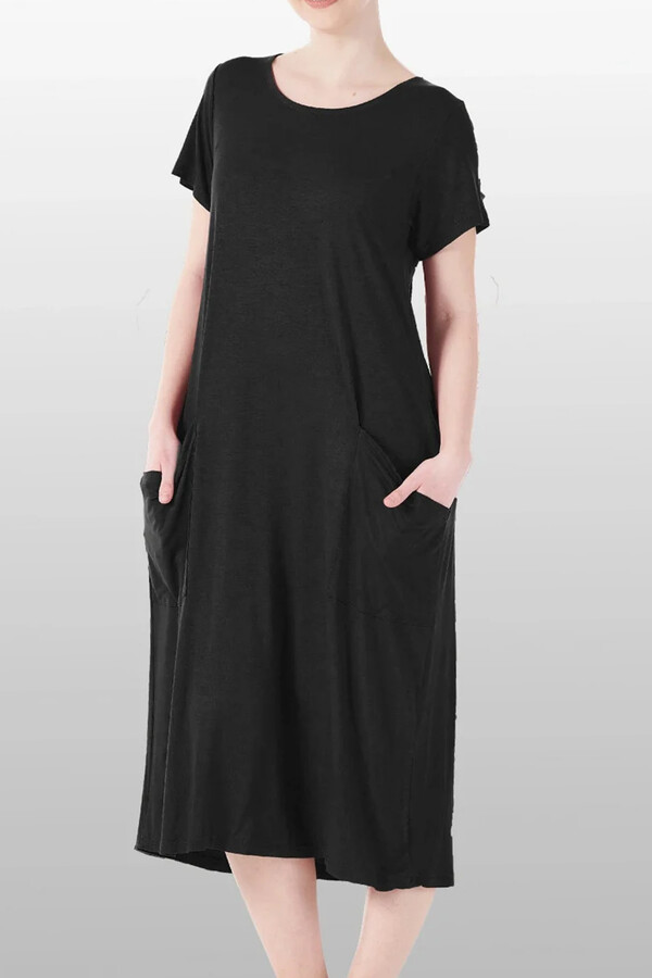 Black Short Sleeve Pocket Detail Viscose Dress Pajama 25234-2 - Thumbnail