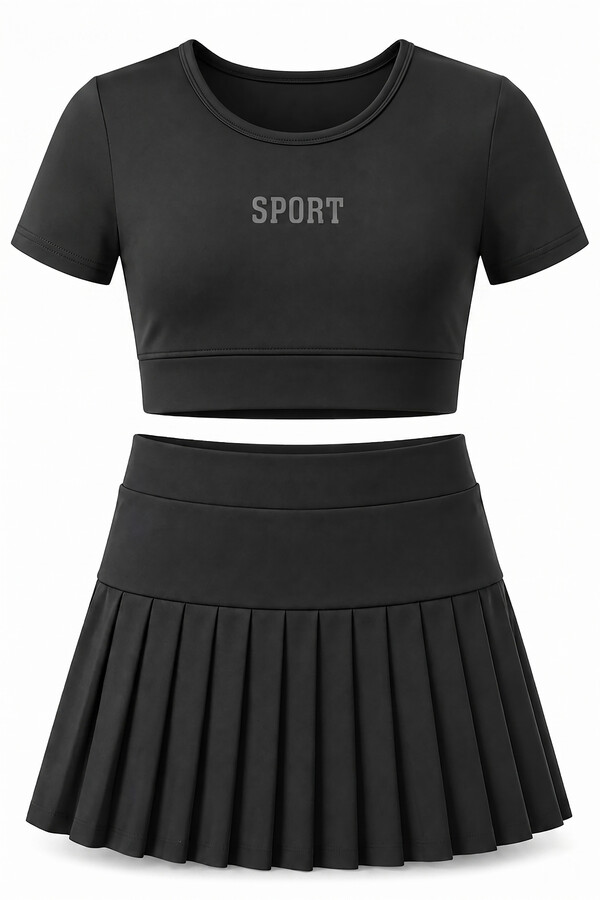 Black Short-Sleeved Swimsuit with Skirted Bottom - Thumbnail