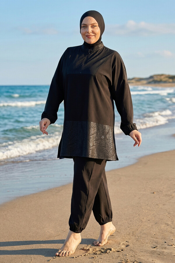 Black Sport Lycra Full Cover Modest Swimsuit Set 6292 - Thumbnail