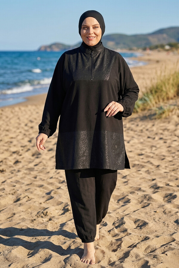 Black Sport Lycra Full Cover Modest Swimsuit Set 6292 - Thumbnail