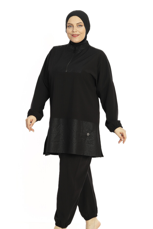 Black Sport Lycra Full Cover Modest Swimsuit Set 6292 - Thumbnail