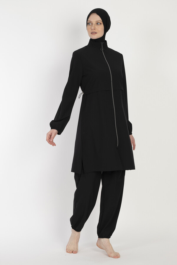 Black Sport Lycra Full Cover Modest Swimsuit Set 6056 - Thumbnail