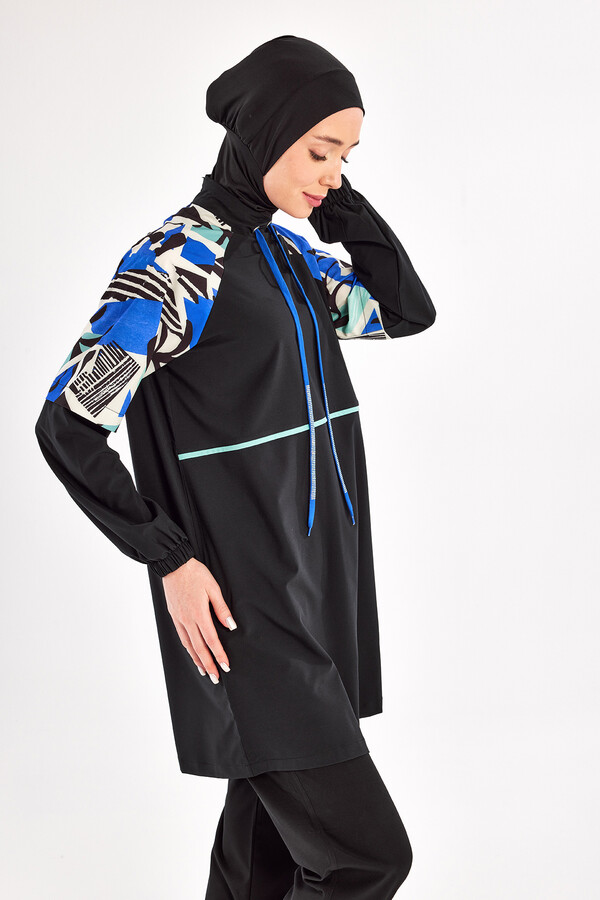 Black Sport Lycra Full Coverage Modest Swimsuit Set 1225 - Thumbnail