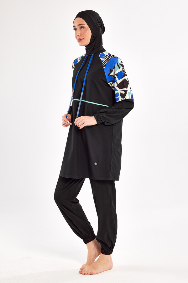 Black Sport Lycra Full Coverage Modest Swimsuit Set 1225 - Thumbnail