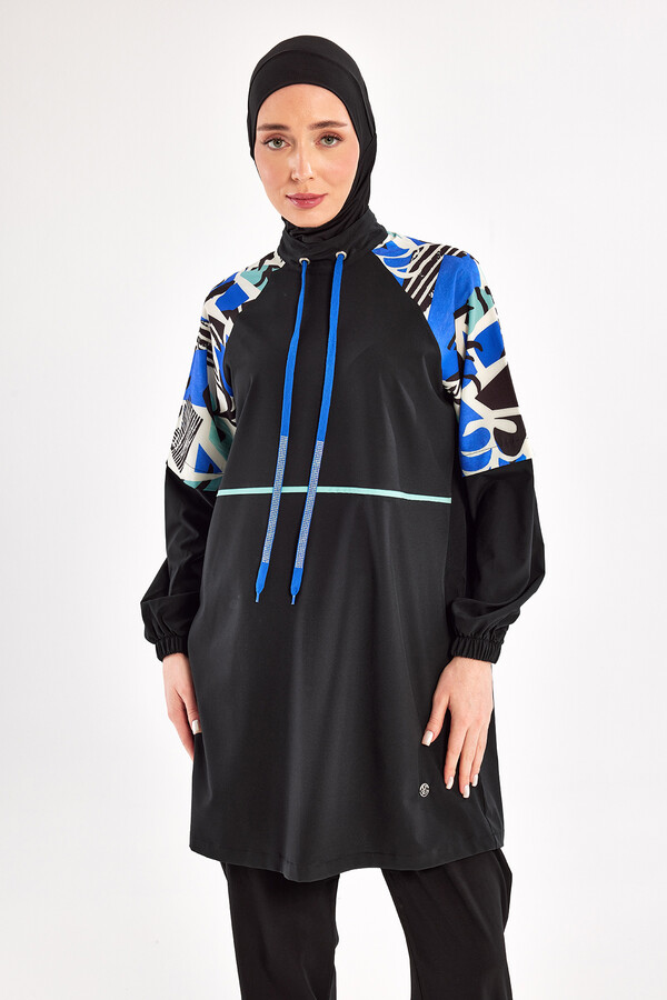 Black Sport Lycra Full Coverage Modest Swimsuit Set 1225 - Thumbnail