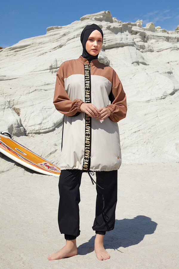 Black Sport Lycra Full Coverage Modest Swimsuit Set 1211 - Thumbnail