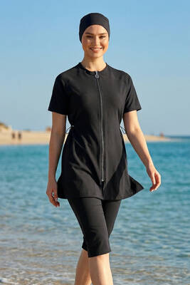 Haliç Mayo - Black Sport Lycra Half-Covered Modest Swimsuit Set 6369