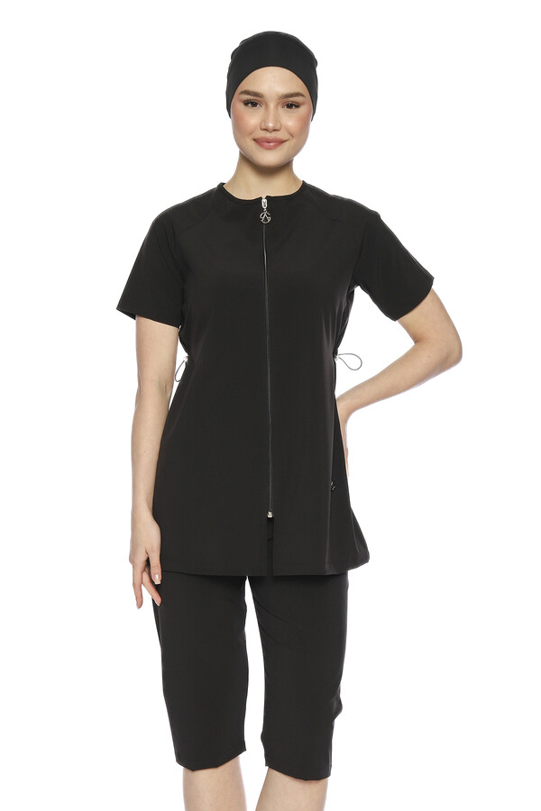 Black Sport Lycra Half-Covered Modest Swimsuit Set 6369 - Thumbnail