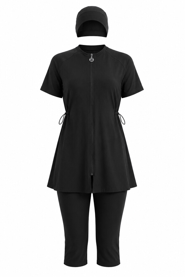 Black Sport Lycra Half-Covered Modest Swimsuit Set 6369 - Thumbnail