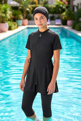 Haliç Mayo - Black Sport Lycra Half-Covered Modest Swimsuit Set 6369