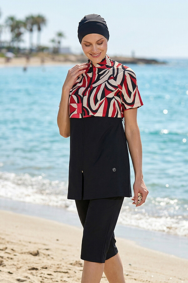 Black Sport Lycra Half-Covered Modest Swimsuit Set 6568 - Thumbnail