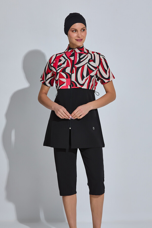 Black Sport Lycra Half-Covered Modest Swimsuit Set 6568 - Thumbnail