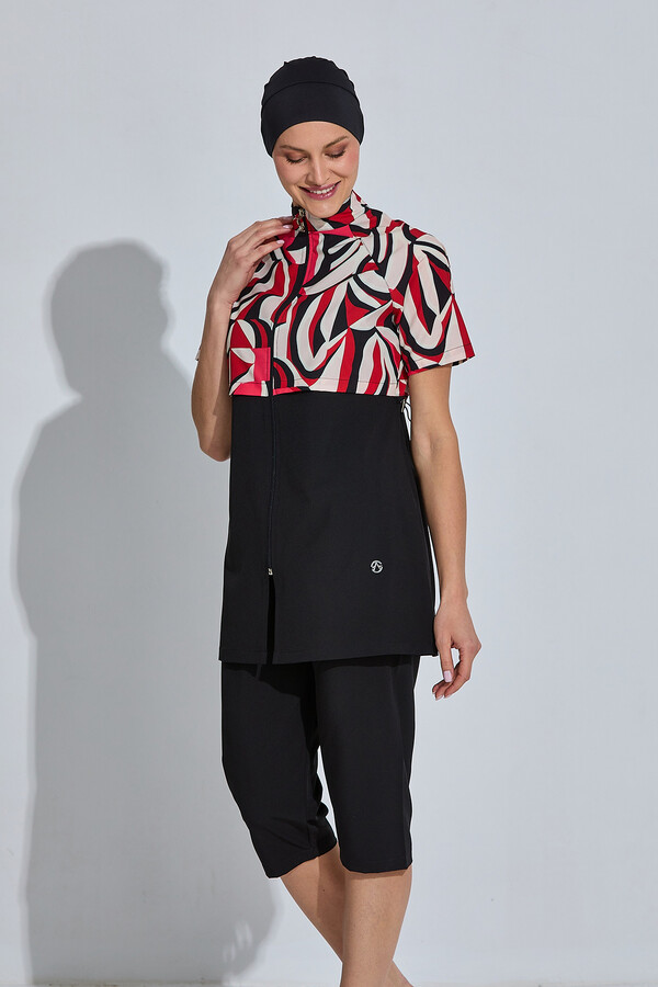 Black Sport Lycra Half-Covered Modest Swimsuit Set 6568 - Thumbnail