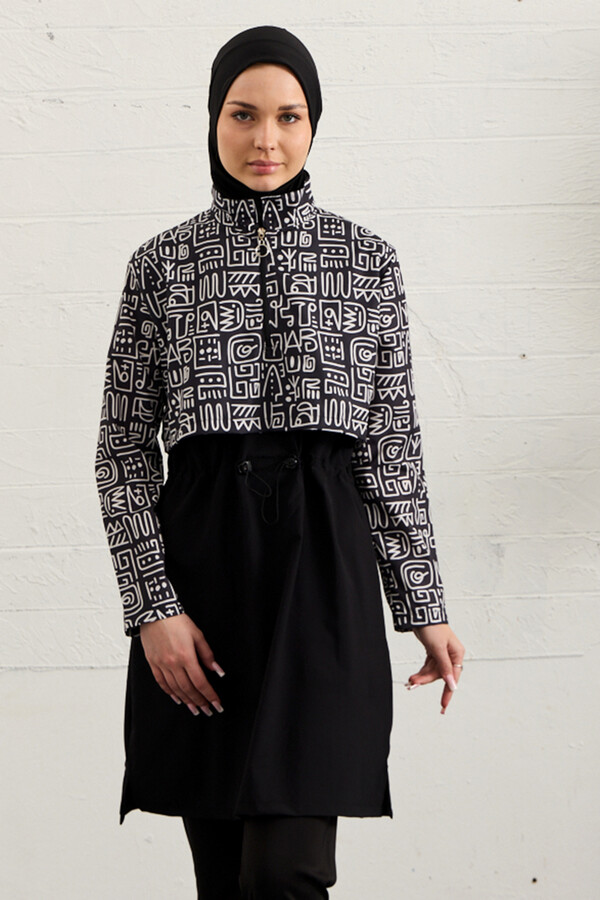 Black Stretch Full Cover Modest Swimsuit Set 1527-41 - Thumbnail