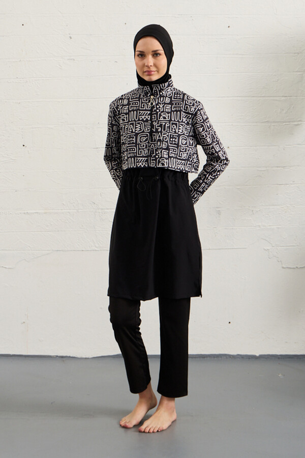 Black Stretch Full Cover Modest Swimsuit Set 1527-41 - Thumbnail