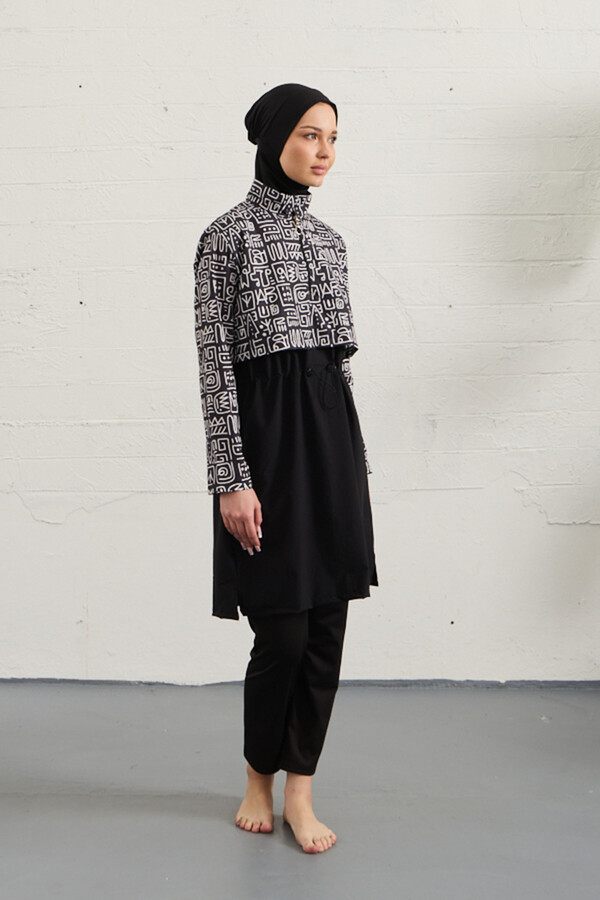 Black Stretch Full Cover Modest Swimsuit Set 1527-41 - Thumbnail