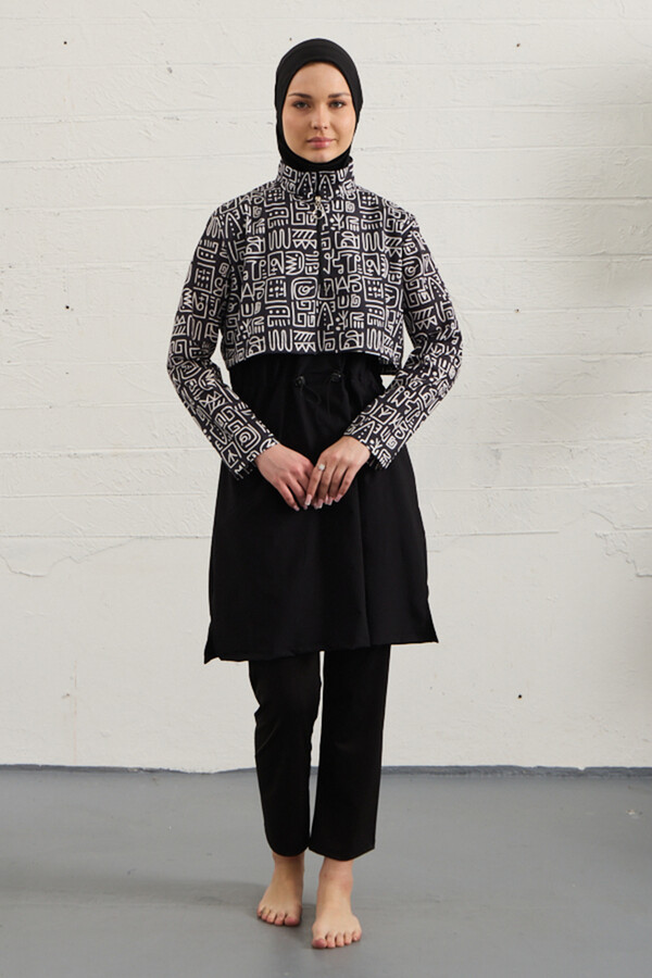 Black Stretch Full Cover Modest Swimsuit Set 1527-41 - Thumbnail