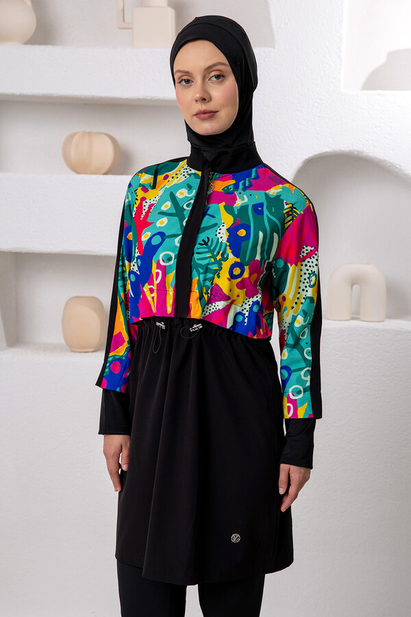 Black UV Protection Sport Lycra Full Coverage Modest Swimsuit Set 1205 - Thumbnail