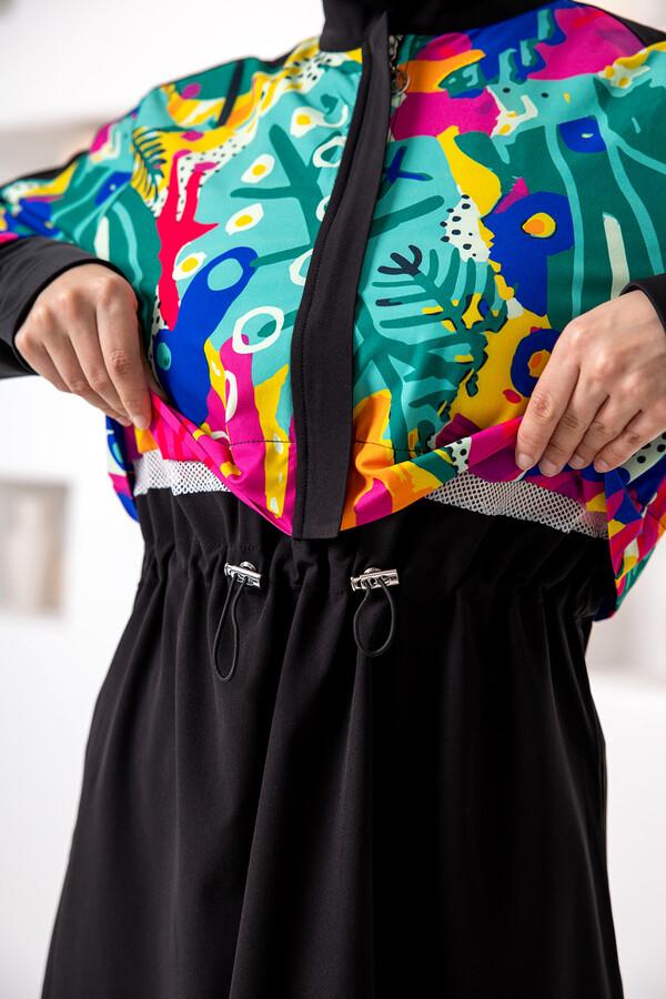 Black UV Protection Sport Lycra Full Coverage Modest Swimsuit Set 1205 - Thumbnail