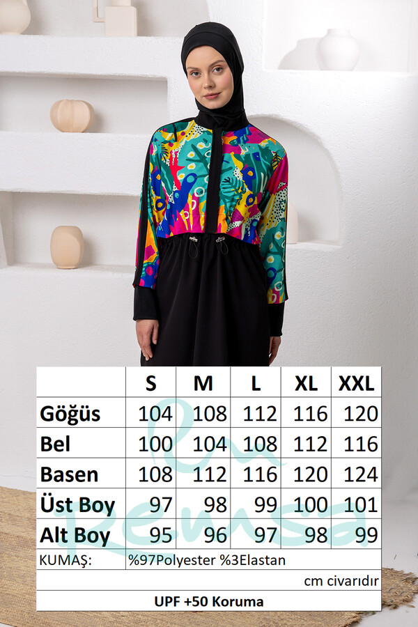 Black UV Protection Sport Lycra Full Coverage Modest Swimsuit Set 1205 - Thumbnail