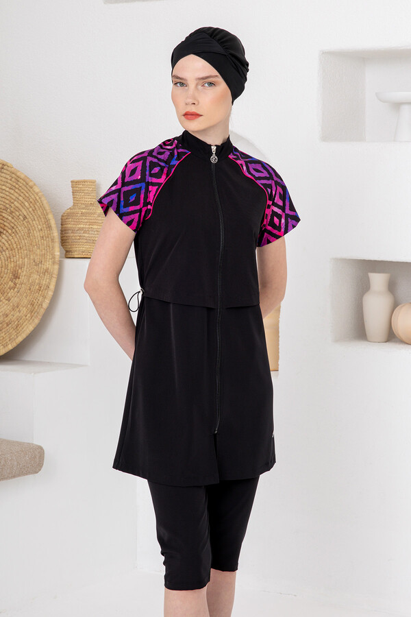 Black UV Protection Sport Lycra Semi-Covered Modest Swimsuit Set 1607 Black04 - Thumbnail